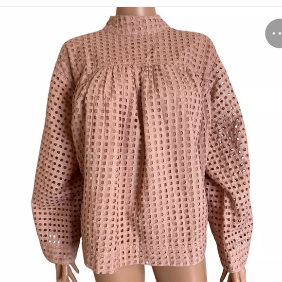 Asos Womens Eyelet Top Blouse Hunter Green Cotton Bell Sleeve Mock US Size 14 - Picture 8 of 8